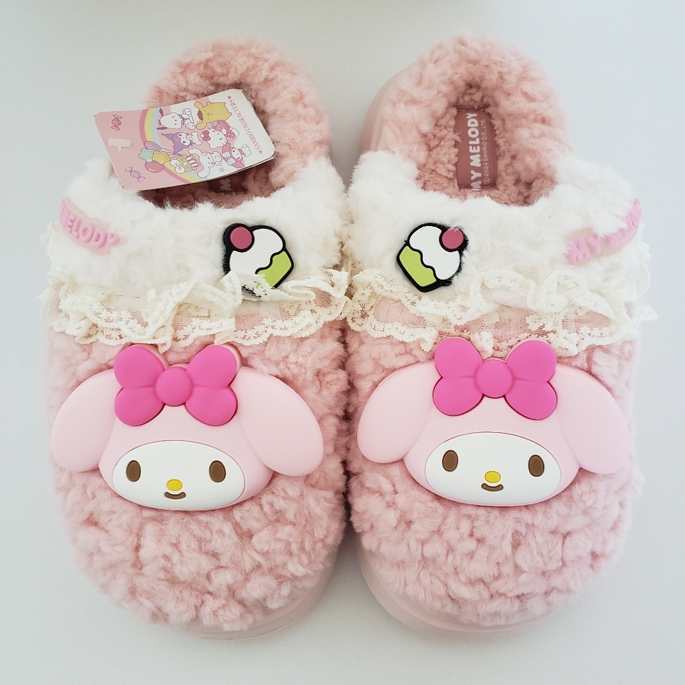 My Melody Pink Fuzzy Slippers Sz 6-6.5 Sanrio Coquette Lace Charms Sherpa Kawaii